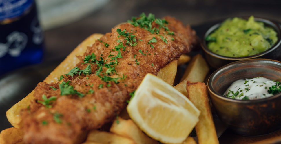 A close up of fish and chips